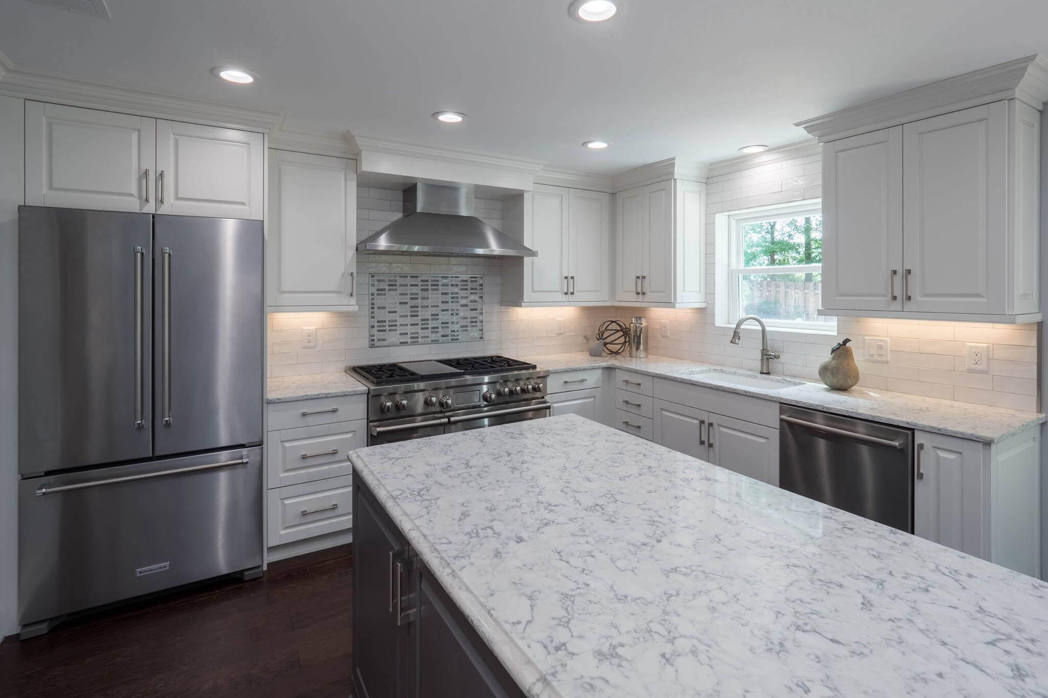 Contemporary Gray White Large Island Kitchen Design Stainless Steel Appliances Roswell Ga 